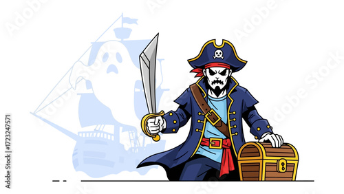 Pirate and Ghost Ship: A fierce pirate, ready for adventure with a gleaming cutlass, stands guard over his treasure.