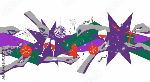 Illustration showing multiple hands holding festive objects like ornaments, champagne flutes, a disco ball, sparklers, a Christmas tree, and a gift, against a geometric background.