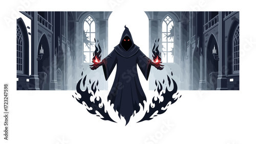 Mysterious Figure in a Gothic Setting: An ominous figure, cloaked in darkness, conjures ethereal flames within a gothic cathedral, casting an air of mystery and supernatural power.