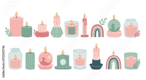 An assortment of pastel-colored candles in various shapes and sizes, some with decorative holders and foliage accents, arranged in two rows against a white background.