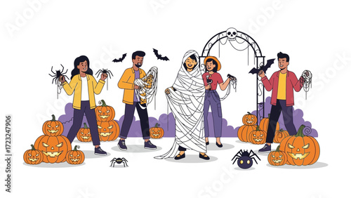 Spooky Season's Gathering: An artistic portrayal of a Halloween party with friends in festive attire, surrounded by jack-o'-lanterns and playful decorations, sets the stage for a fun.