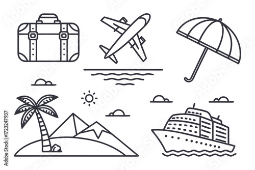 A black silhouette travel icons vector collection with signs for tourism and vacation