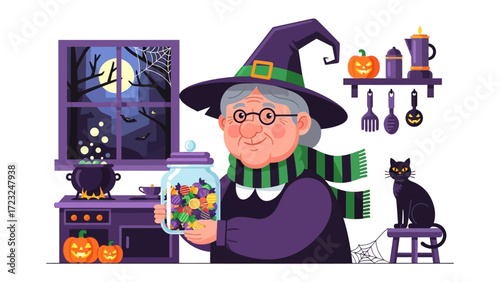 Witch in her Magical Kitchen: An illustrative peek into a witch's charming kitchen filled with enchantment, featuring her holding a jar of colorful candy and surrounded by festive Halloween decor. 
