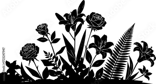 Elegant botanical silhouette collection featuring roses lilies and ferns creating a sophisticated natural garden scene perfect for design projects