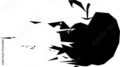 Dynamic abstract apple silhouette shattering into geometric fragments, symbolizing innovation, disruption, and creative transformation for modern design