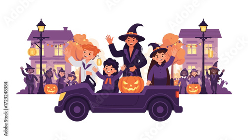 Halloween Parade Illustration: A vibrant illustration captures a joyous Halloween parade, where families and children are engaged in the festive spirit.