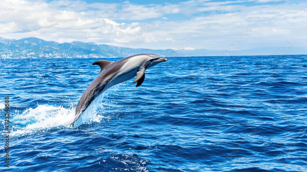 Fototapeta premium Dolphin leaps gracefully above ocean surface, showcasing its agility and playfulness against backdrop of blue waters and distant mountains