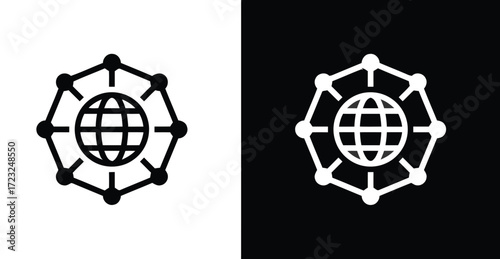 Minimalist global network icon in black and white—symbolizing worldwide connectivity, digital communication, and internet infrastructurePrint 
