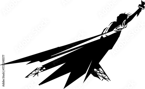 Dynamic superhero silhouette soaring upwards with cape flowing, symbolizing power, ambition, and achieving ultimate victory and success