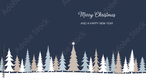 Elegant Merry Christmas and Happy New Year greeting with minimalist winter forest silhouette and celestial star topper