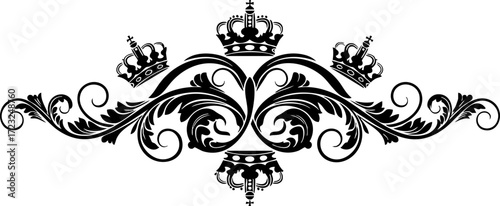 Elegant ornate flourish with regal crowns symbolizing power prestige and luxury for sophisticated branding and design projects