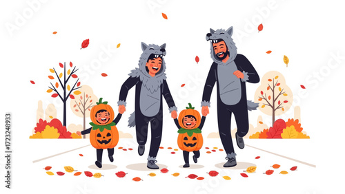 Happy Halloween Family in Costume: Capture a heartwarming Halloween scene as a family, dressed in whimsical costumes, happily strolls down a path amidst the vibrant autumn foliage.