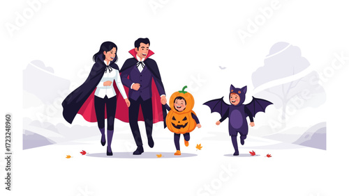 Halloween Family: A family dressed in festive costumes enjoys a joyful stroll. The parents lead the way, cloaked and ready for spooky fun.