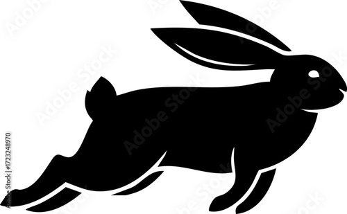 Dynamic black rabbit silhouette leaping forward with energetic motion, representing speed and agility for modern branding and design projects.
