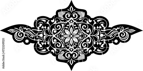 Intricate black ornamental flourish design with vintage distressed texture, perfect for elegant decorative accents and sophisticated graphic elements