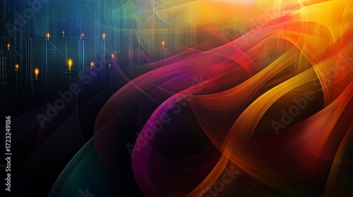 Colorful, abstract painting with a purple and orange swirl. The painting is full of light and energy, with a sense of movement and flow