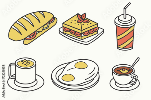 A vector illustration set of fast food icons for breakfast and lunch including pizza, hamburger, sandwich, cake, and dessert