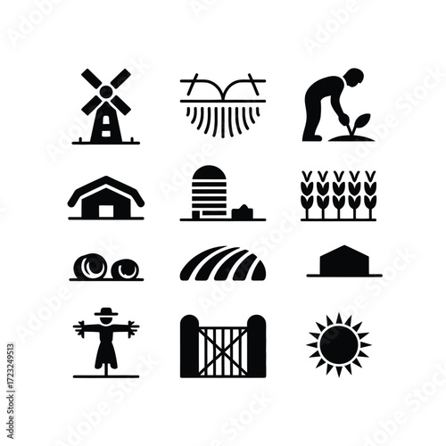 Minimalist Farm Vector Icons  Barn, Cow, Farmer, Field, Sun, Windmill  High-Quality Black Silhouette Pack for Crafts, Logos, Stickers & Adobe Stock