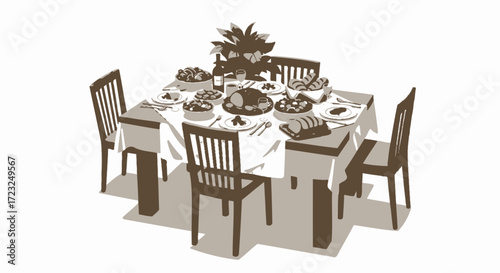 Formal dining table setting with a lavish meal, four chairs, and a centerpiece.