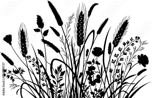 Elegant silhouette of wild grasses and wildflowers creating a natural, artistic border for organic designs and seasonal themes