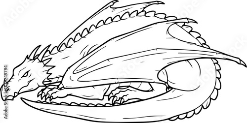 Majestic dragon coiled resting peacefully, a powerful mythical creature ready for adventure or illustration projects.