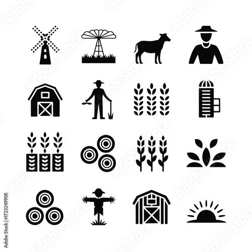 Agriculture Vector Pack  Black Silhouette Barn, Cow, Farmer, Windmill, Sun, Field  Editable Minimal Icons for Branding, Stickers, Stock & Print Use