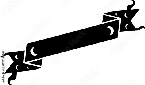 Ornate black ribbon banner with crescent moon accents offers a striking vintage flair for titles, labels, or decorative elements.