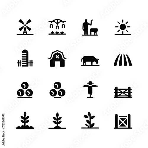 Agriculture Vector Pack  Black Silhouette Barn, Cow, Farmer, Windmill, Sun, Field  Editable Minimal Icons for Branding, Stickers, Stock & Print Use
