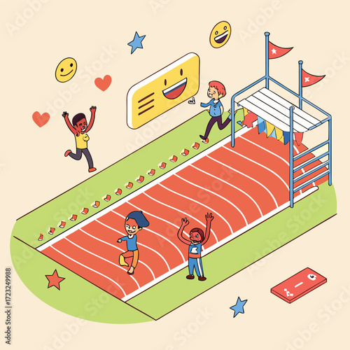 Vibrant sports day illustration featuring diverse people participating in races and cheering capturing the excitement and energy of athletic events