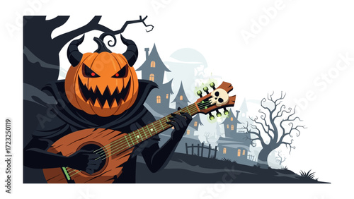 Halloween Melody: A whimsical jack-o'-lantern figure strums a playful melody, set against a backdrop of a spooky haunted village, embodying the festive spirit of Halloween. 
