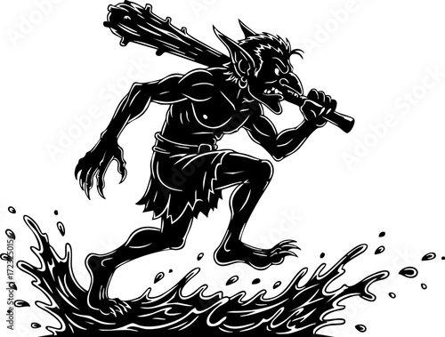 Ferocious goblin warrior charging through murky water with a spiked club, ready for battle, fantasy creature design