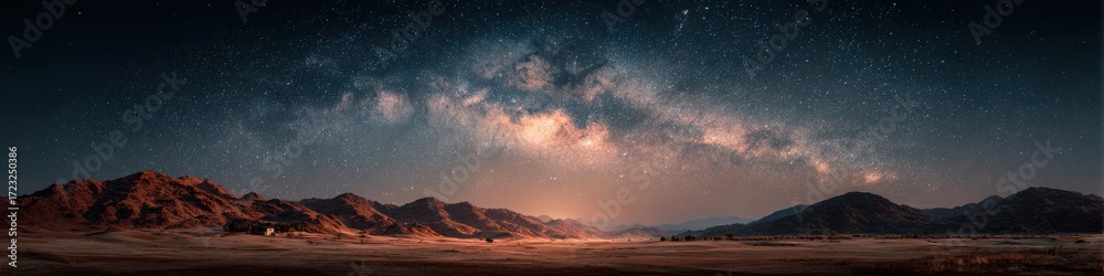 Fototapeta premium The ethereal Milky Way galaxy illuminates the night sky above a rugged mountain landscape, creating a breathtaking vista of cosmic proportions for stargazers.