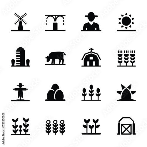 Agriculture Vector Pack  Black Silhouette Barn, Cow, Farmer, Windmill, Sun, Field  Editable Minimal Icons for Branding, Stickers, Stock & Print Use