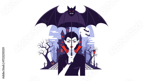 Vampire's Night: A striking illustration captures a gothic vampire, shielded by a bat-shaped umbrella against a backdrop of a haunted castle under the night sky.