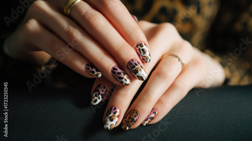 Leopard print nail design on elegantly manicured hands with light reflections in a stylish and classy setting, showcasing vibrant colors and a fashionable touch.