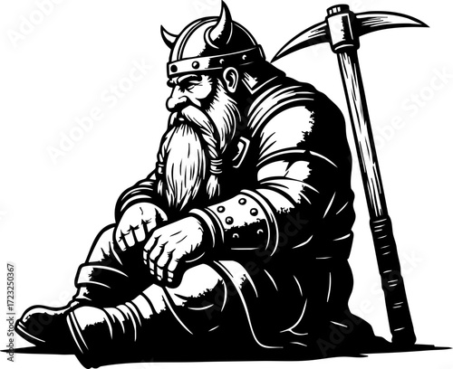 Rugged Viking warrior with mighty beard rests beside his battle axe, exuding strength and resilience for epic adventures and historical themes.