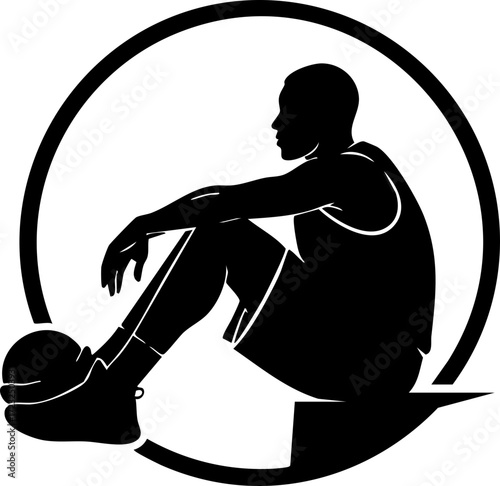 Dynamic silhouette of a thoughtful basketball player sitting with ball, embodying focus and dedication for sports branding and athletic themes.