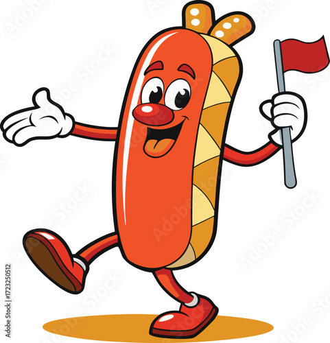 Cheerful cartoon hot dog character with red flag walking happily food vactor illustration Eps file download.	