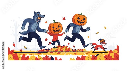 Halloween Parade in Full Swing: A whimsical illustration captures the lively spirit of Halloween as playful figures in whimsical costumes, including a pumpkin-headed person, a wolf, and a fox.
