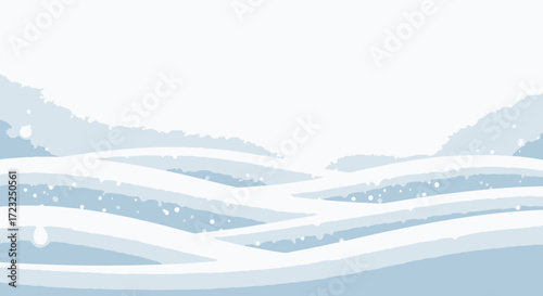 A stylized, minimalist illustration of a snowy landscape with rolling hills and falling snowflakes.