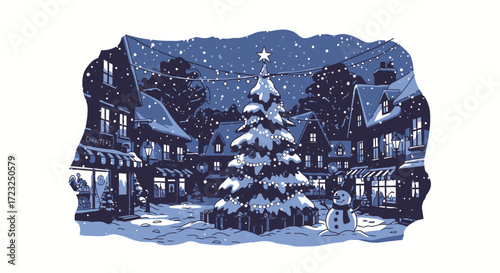 A snow-covered town square scene with a Christmas tree, snowman, and buildings decorated with lights during a winter snowfall.