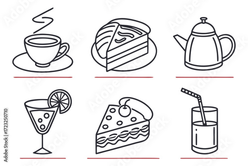 A vintage food and drink icon set with cartoon illustrations of coffee, tea, and cake for a cafe or restaurant design