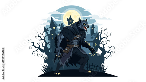 Spooky Werewolf in Halloween Night: A spooky werewolf stands in a haunted environment, illuminated by a full moon, trees, spooky houses creating a scene for Halloween night.