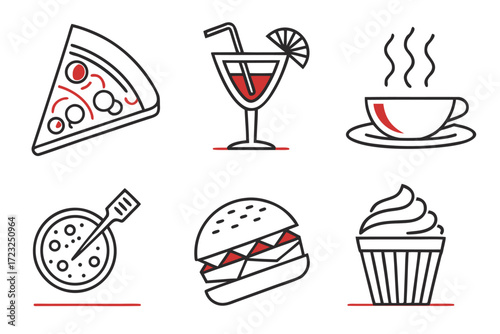 Food and drink icons set with illustrations of coffee, tea, wine, beer, pizza, burger, and cake for a cafe menu design