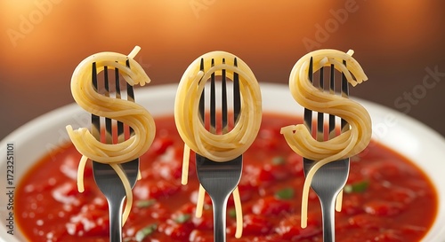 SOS message spelled out with spaghetti on forks over tomato sauce.