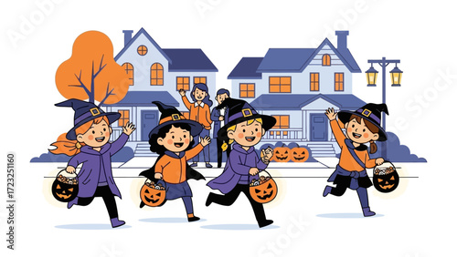 Happy Halloween Trick-or-Treating: A group of happy children, dressed as witches, scamper through a vibrant neighborhood, their jack-o'-lantern buckets ready for candy.