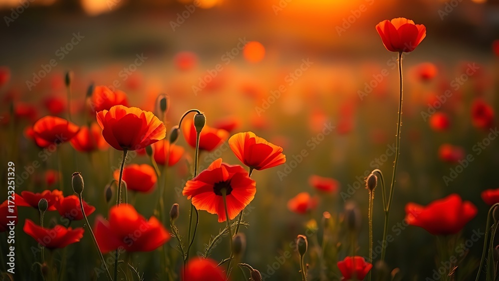 Fototapeta premium A serene sunset field filled with vibrant red poppies, bathed in warm golden light.