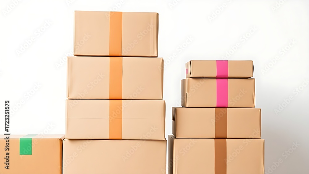 Obraz premium Stacked cardboard shipping boxes with colorful tape on a clean white backdrop.