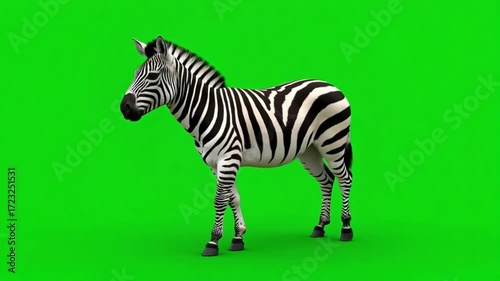 Striking zebra standing alert against a vibrant green screen background for animal documentaries and educational content creation projects