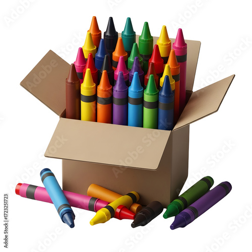 Overflowing box of crayons isolated on transparent background